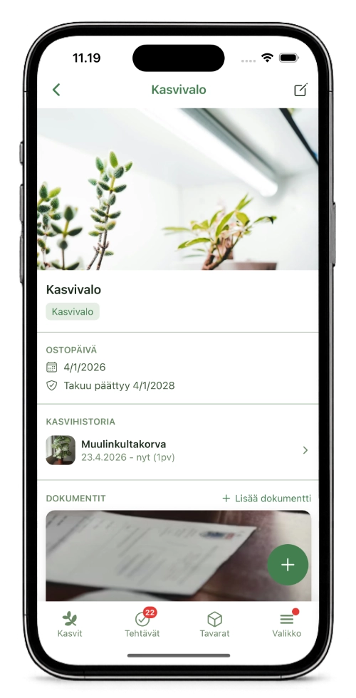 Kasvia item detail screen showing purchase date, warranty information, linked plant history, and documents.
