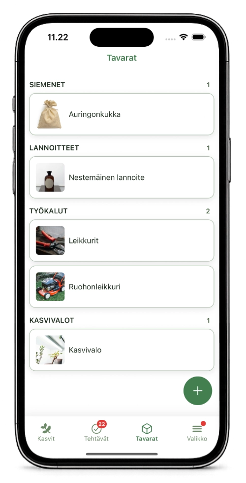 Kasvia Items tab showing plant care supplies organised by category.