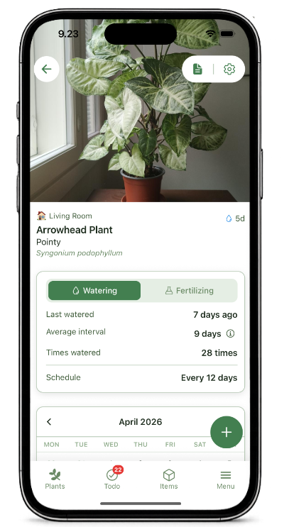 Kasvia plant detail screen showing care history, photos, notes, and schedules.